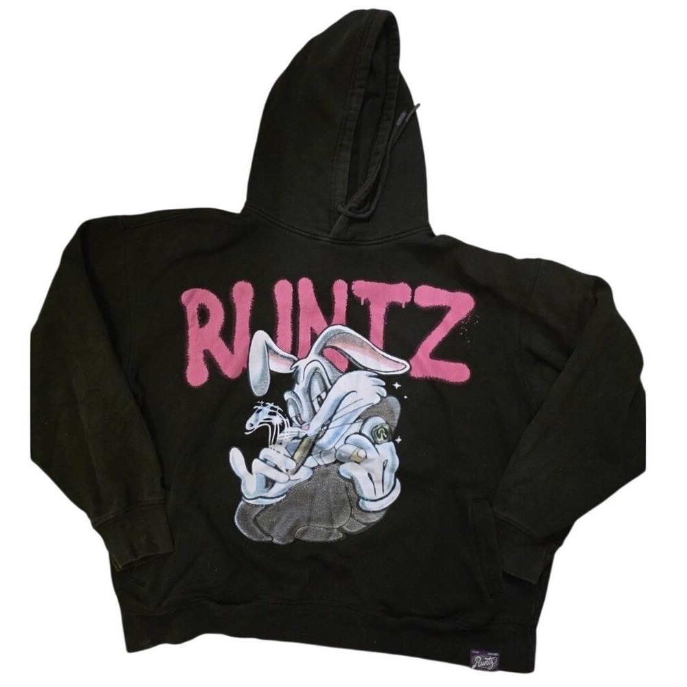 Runtz Worldwide Mens XL Black Graphic Hoodie Pink Logo Rabbit Streetwear